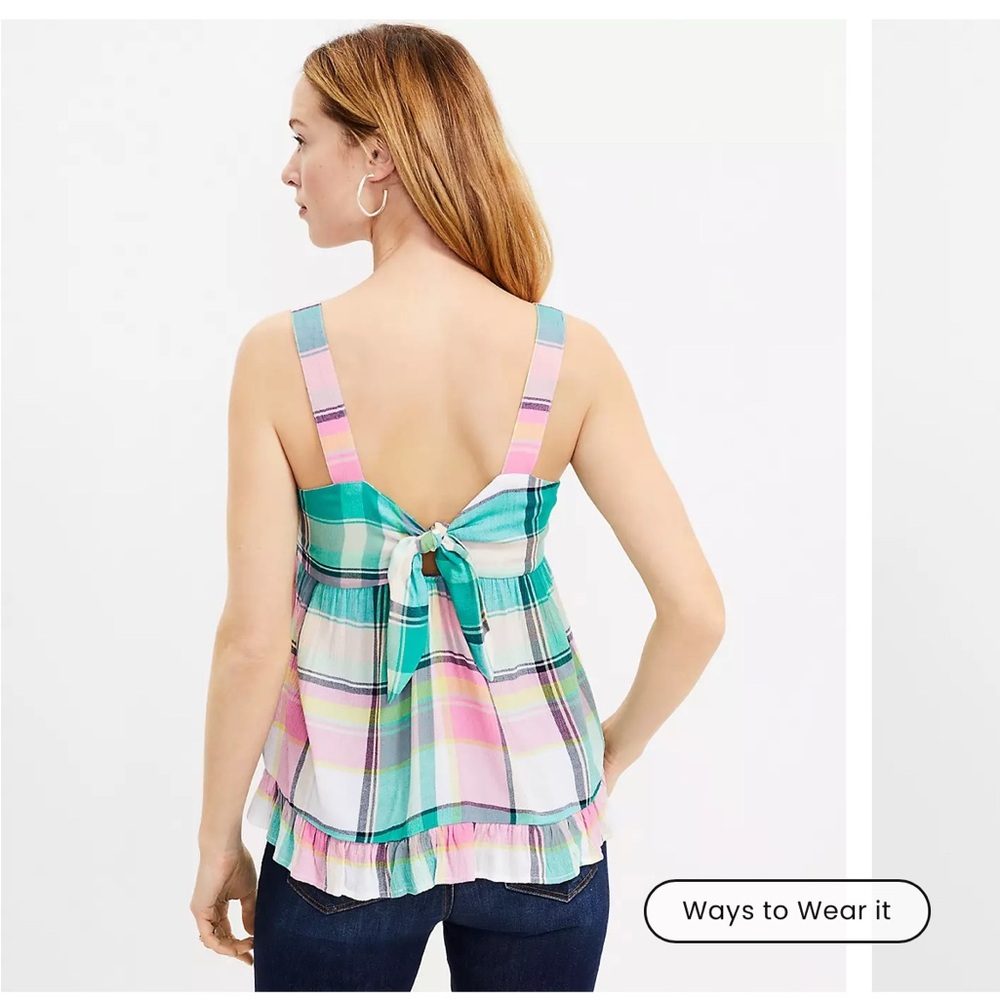 LOFT Plaid Tie Back Peplum Cami Size 8 - Picture 2 of 9